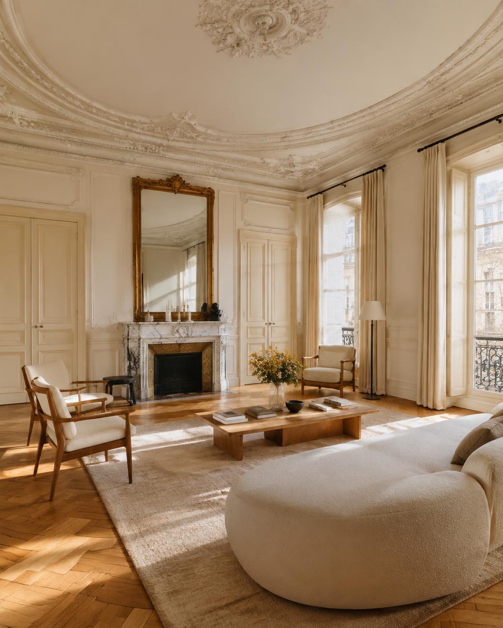 Séjour haussmannien rénové
